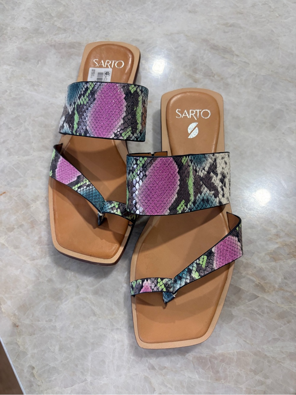 NWT. Franco Sarto Pink Green Blue Snake-Print Slide Sandals